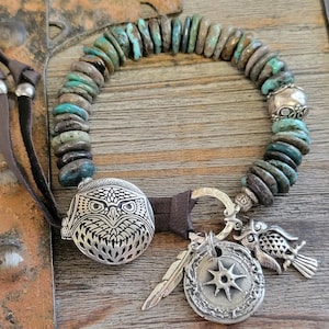 Gemstone Hubei Turquoise Bracelet-Handmade Owl Bronze Button-Gemstone Bracelet-Limited Edition Bracelet-Western Bracelet-Artisan Bracelet