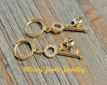 Micro Pave CZ Key and Heart Earrings-Artisan Gold Filled Earrings-Crystal CZ Earrings-Hoop Lever Earrings Artisan Jewelry