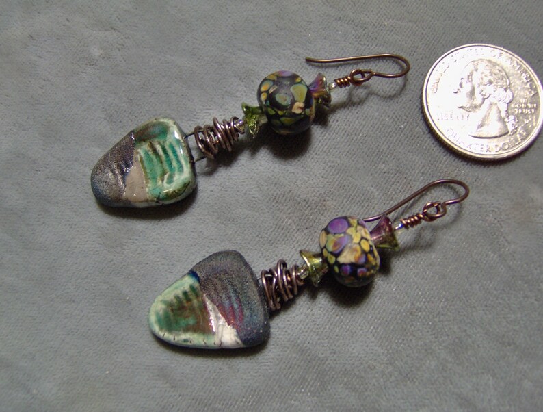 Ceramic Organic Raku Earrings-Raku-Lampwork Beaded Earrings-Artisan Earrings-Artisan Lampwork Dangle Earrings-SRAJD Artisan Ceramic Beads image 2