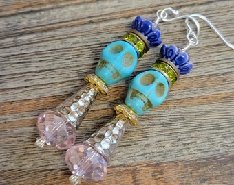 Crystal and Turquoise Skull Earrings-Halloween Earrings-Skull Earrings-Day of the Dead Artisan Earrings-Dia de los Muertos Earrings