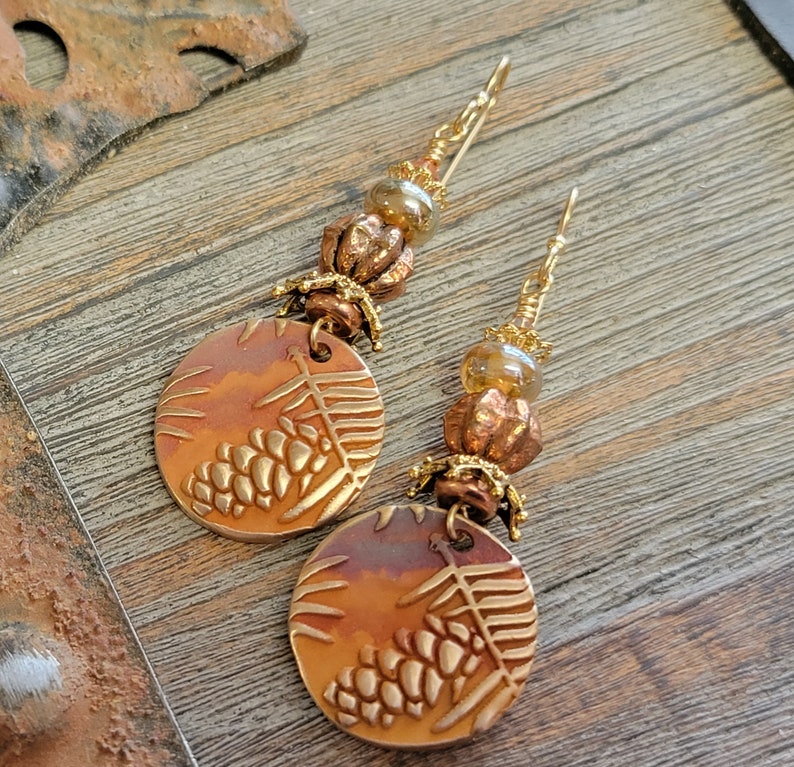 Bronze Handmade Sun Charms-Glass Lampwork Bead Earrings-Sun Earrings-Artisan Earrings-PMC Earrings-Sun Shine Earrings-Tribal Earrings image 6