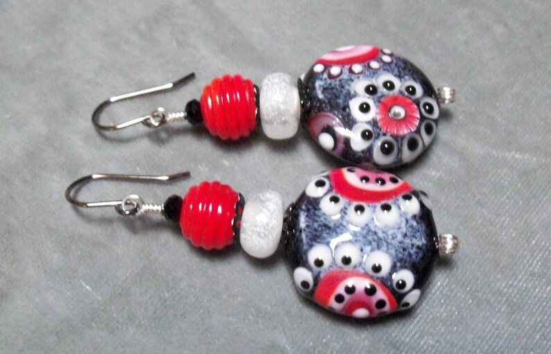 Glass Lampwork Drop Earrings-Artisan Lampwork Beads-Artisan Lampwork Earrings-Floral Glamor Earrings-Dangle Earrings-Dressy Earrings-SRAJD
