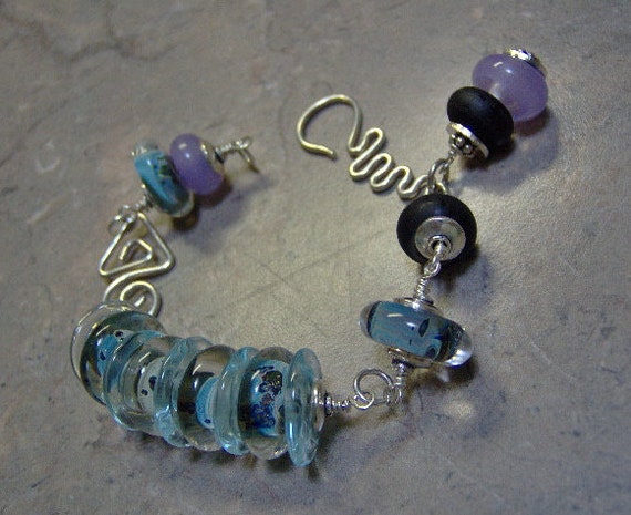 Glass Lampwork Sterling Silver Bracelet-Lampwork Artisan Bracelet in Sterling Silver-Art Beads-Boro Lampwork Beads-Wire Wrapped - SRAJD