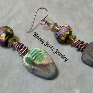 Ceramic Organic Raku Earrings-Raku-Lampwork Beaded Earrings-Artisan Earrings-Artisan Lampwork Dangle Earrings-SRAJD Artisan Ceramic Beads image 1