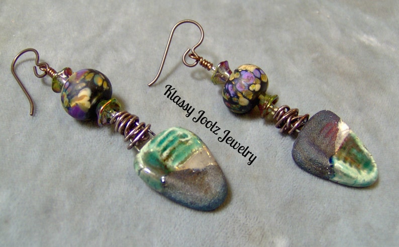 Ceramic Organic Raku Earrings-Raku-Lampwork Beaded Earrings-Artisan Earrings-Artisan Lampwork Dangle Earrings-SRAJD Artisan Ceramic Beads image 1