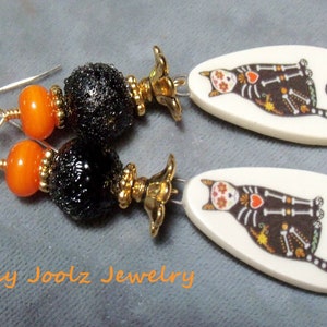 Glass Lampwork-Ceramic Earrings-Halloween Artisan Earrings-Cat Earrings-Dia de los Muertos Earrings-Halloween-Artisan Lampwork Earrings