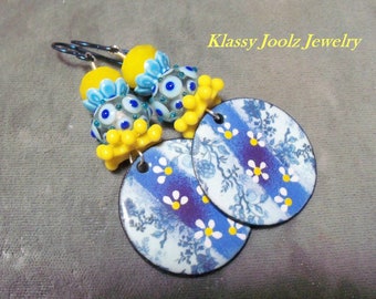 Enamel Floral-Glass Lampwork Earrings-Artisan Earrings-Flower Earrings-Floral Earrings-Artisan Lampwork Earrings-Hope for Ukraine