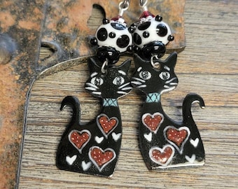Enameled Cat Charms-Glass Polka Dot Lampwork Beaded Earrings-Artisan Lampwork Beads-Artisan Cat Enamel Charm Earrings-Boho Vibe-Earrings
