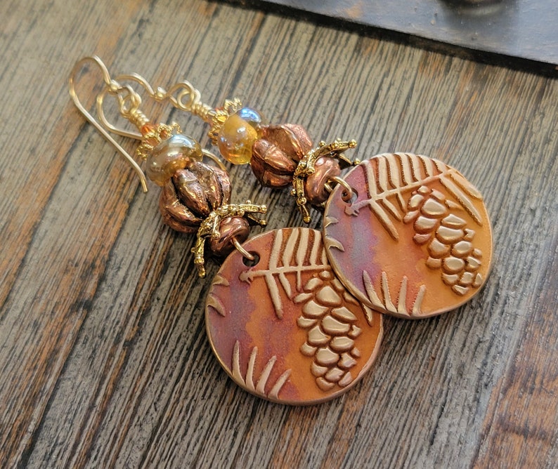 Bronze Handmade Sun Charms-Glass Lampwork Bead Earrings-Sun Earrings-Artisan Earrings-PMC Earrings-Sun Shine Earrings-Tribal Earrings image 2