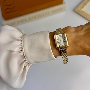 Gold Square Bracelet Watch for Women,Roman Numeral,Vintage Style,Small Face,Slim Metal Band,Minimalist Elegant Design,Gift for Her,Wife Gift