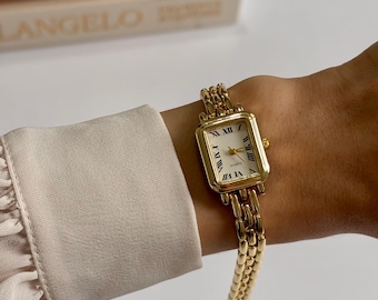 Vintage Gold Bracelet Watch, Square Roman Numeral Dial, Retro Style