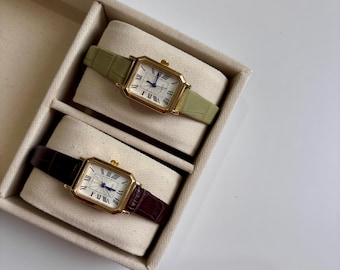 Vintage Gold Square Watch: Roman Numeral Dial, Brown & Green Faux Leather