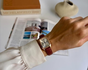 Vintage Octagon Watch: Gold Case, Light Brown Leather Band, Roman Numerals