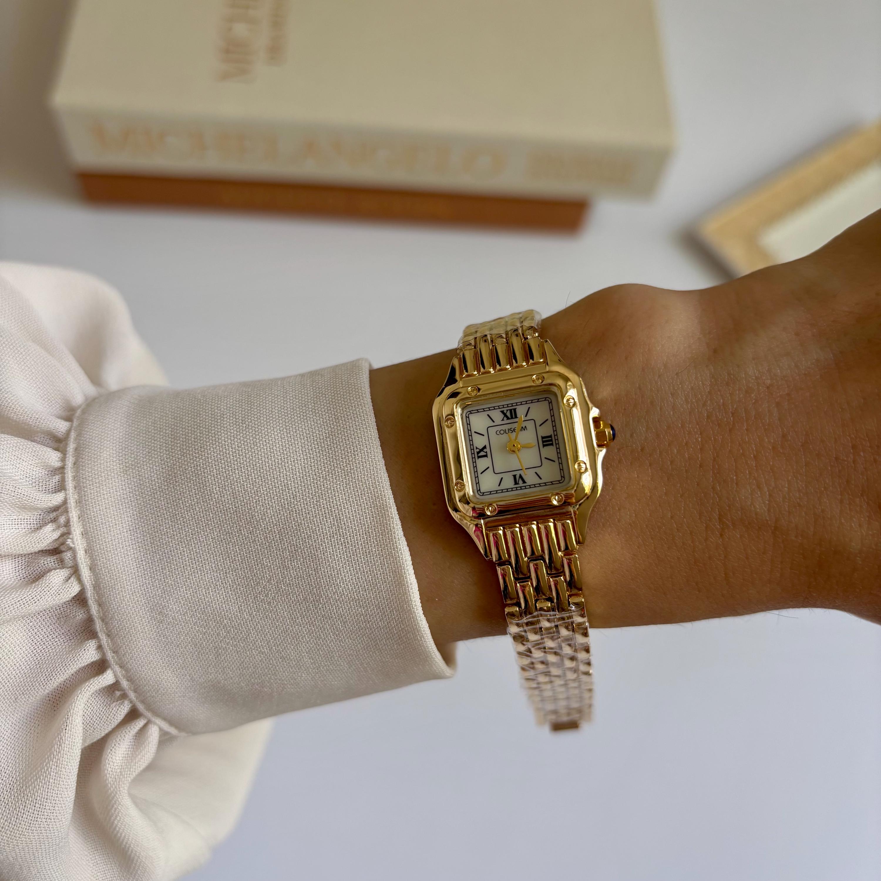 Vintage Gold Square Watch: Roman Numeral Dial, Stainless 