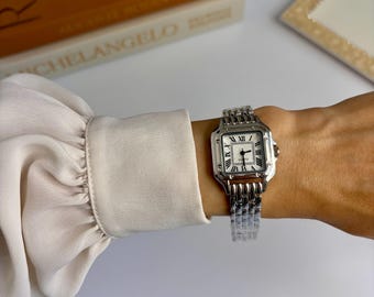Square Silver Watch for Women- Roman Numeral