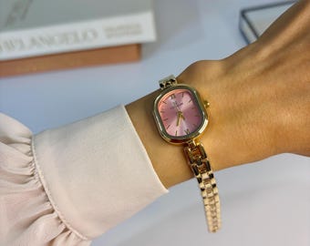 Vintage Pink & Gold Bracelet Watch - Slim Oval Stainless Steel Ladies Watch