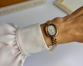 Gold Women's Watch, Stainless Steel, Roman Numeral Square Dial