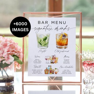 Enseigne de boisson signature, modèle de menu de boissons modifiable moderne, modèle de menu de bar, menu de bar imprimable minimaliste, + 6000 boissons et garnitures