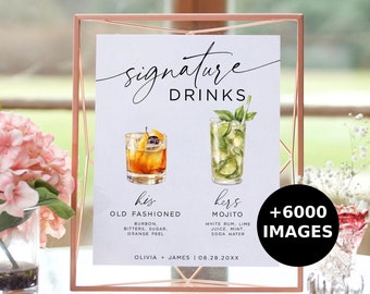 Signature Drink Sign, Modern Editable Drink Menu Template, Bar Menu Template, Minimalist Printable Bar Menu, +6000 Drinks and Garnishes