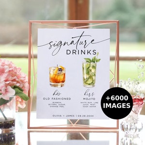 Enseigne de boisson signature, modèle de menu de boissons modifiable moderne, modèle de menu de bar, menu de bar imprimable minimaliste, + 6000 boissons et garnitures