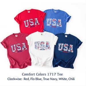 May include: Five Comfort Colors 1717 tees in red, flo blue, true navy, white, and chili. Each shirt features the word "USA" in a floral design with "EST.1776" below. The shirts are arranged in a circular pattern.