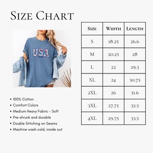 May include: A blue t-shirt with the word "USA" in a floral design. The image includes a size chart with measurements in inches, and details about the shirt's fabric and care instructions.