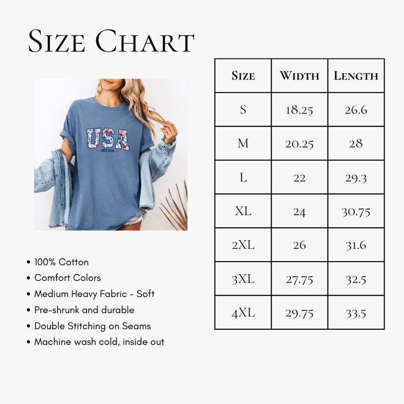 May include: A blue t-shirt with the word "USA" in a floral design. The image includes a size chart with measurements in inches, and details about the shirt's fabric and care instructions.