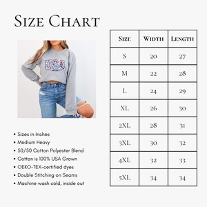 May include: A size chart for a gray sweatshirt with the word "USA" in a patriotic design. The chart lists sizes S to 5XL, with width and length measurements in inches. The sweatshirt is medium heavy, a 50/50 cotton polyester blend, and USA grown.