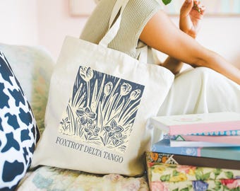 Subtle Anti-Trump Tote Bag, Foxtrot Delta Tango Flowers, Protest + Resist Gift, Feminist Floral 100% Cotton Canvas Tote