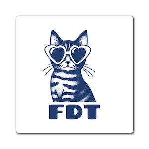 May include: A blue and white illustration of a cat wearing heart-shaped sunglasses with the text "FDT" below.