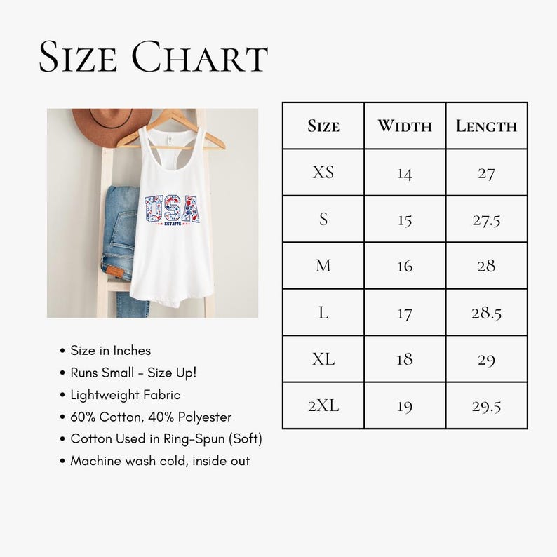 May include: White USA tank top with red, white, and blue graphic. The image includes a size chart with measurements in inches, ranging from XS to 2XL. The tank top is displayed with a pair of jeans and a hat.