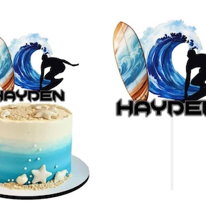 SURFING surfboard BEACH THEME personalised cake topper
