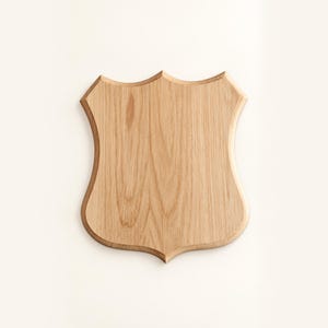 Può includere: Una targa in legno marrone chiaro a forma di scudo con una superficie liscia e piatta e un motivo a venature del legno naturale visibile. I bordi della targa sono curvi e affusolati, creando un contorno distinto che ricorda uno stemma araldico.