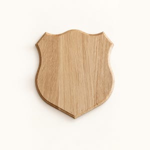 May include: A light brown wooden plaque shaped like a shield with a smooth, natural wood grain finish. The plaque features a curved top edge and tapers to a point at the bottom, presenting a clean, flat surface suitable for mounting or display.