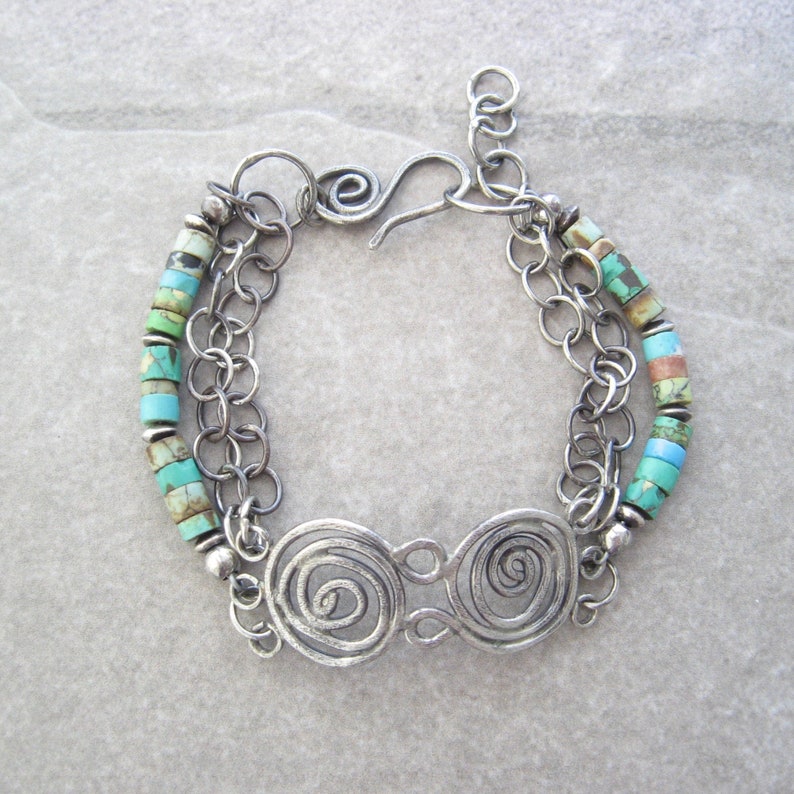 turquoise bracelet, silver and turquoise, 3 strand bracelet, metalwork jewelry, artisan bracelet image 1