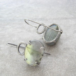 labradorite earrings, artisan jewelry, green stone earrings, oxidized silver, metalwork jewelry, prong set stones, oval stones, gift for her image 6