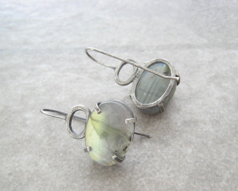 labradorite earrings, artisan jewelry, green stone earrings, oxidized silver, metalwork jewelry, prong set stones, oval stones, gift for her image 6