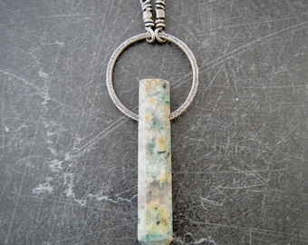 serpentine necklace, oxidized silver, teal tan stone pendant, serpentine point, metalwork necklace, sterling chain