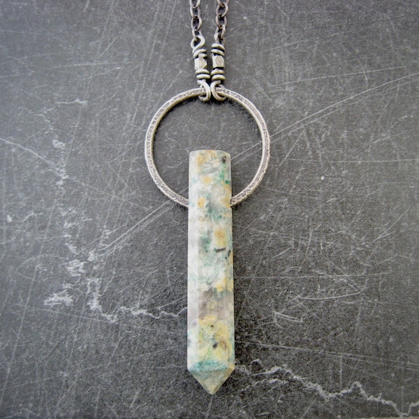 serpentine necklace, oxidized silver, teal tan stone pendant, serpentine point, metalwork necklace, sterling chain