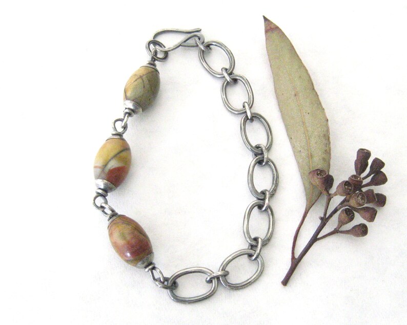 rustic link bracelet fused silver links oxidized silver earthy bracelet jasper and silver