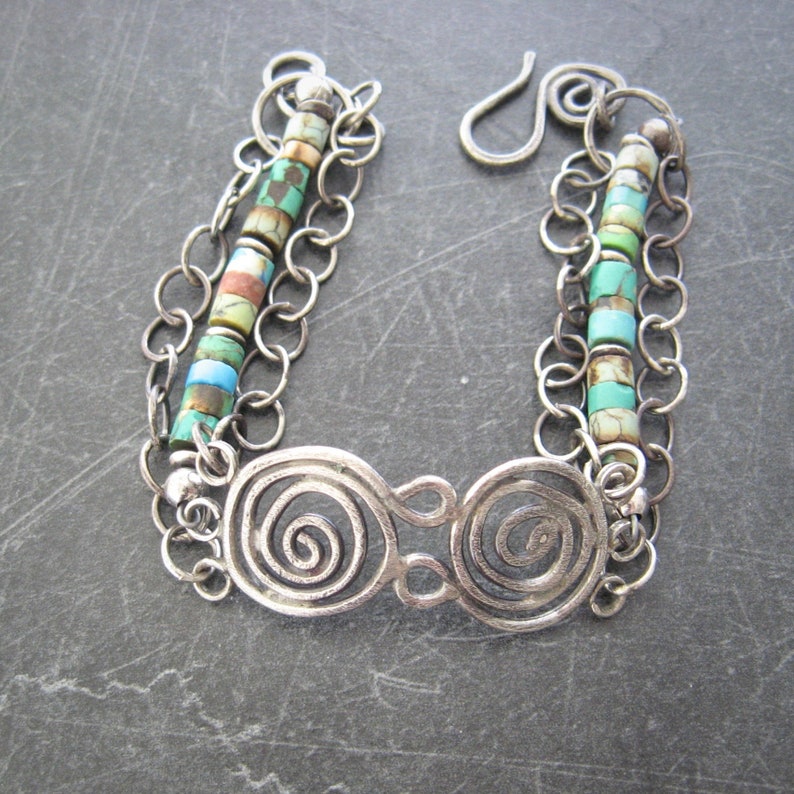 turquoise bracelet, silver and turquoise, 3 strand bracelet, metalwork jewelry, artisan bracelet image 3
