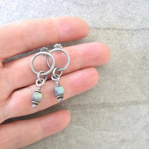 labradorite earrings, silver drop earrings, oxidized silver, post closure, boho rings, hand fabricated jewelry, green stone earrings image 2