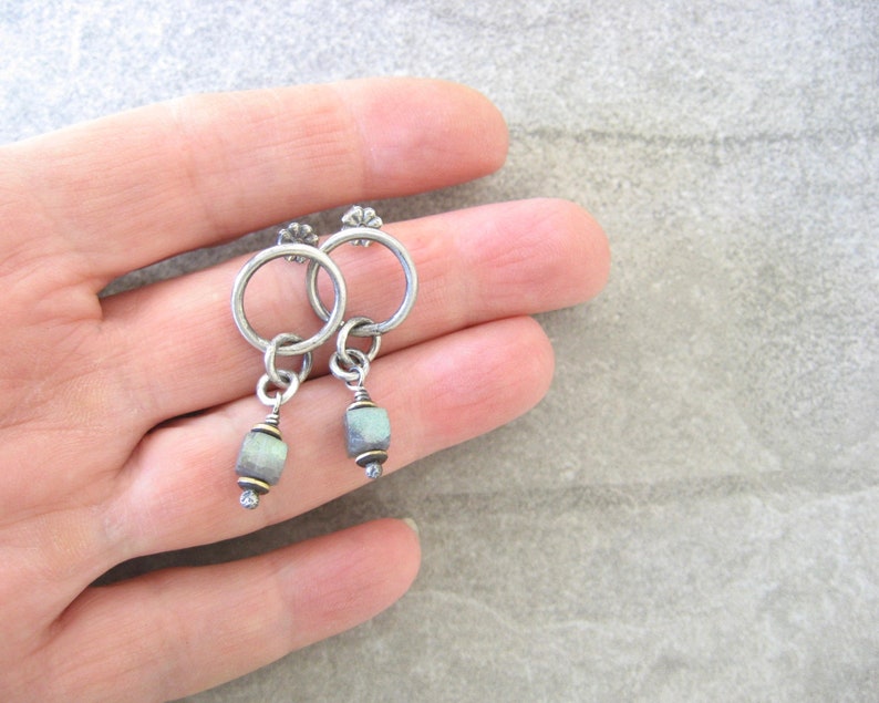 labradorite earrings, silver drop earrings, oxidized silver, post closure, boho rings, hand fabricated jewelry, green stone earrings image 2