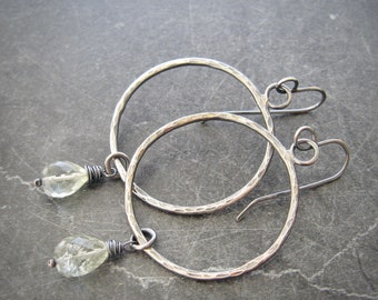 large silver hoop earrings, rustic boho hoops, green amethyst drops, sterling ear wires, oxidized silver, february birthstone