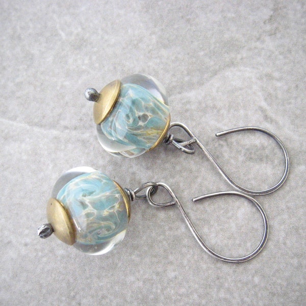 aqua dangle earrings mixed metal boho drop earrings oxidized metal sterling ear wires gift for her lampwork glass beads