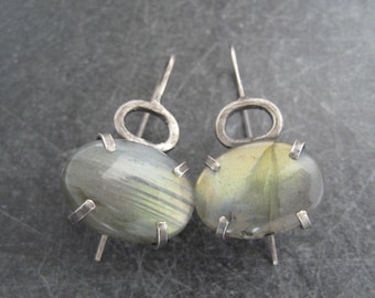 labradorite earrings, artisan jewelry, green stone earrings, oxidized silver, metalwork jewelry, prong set stones, oval stones, gift for her