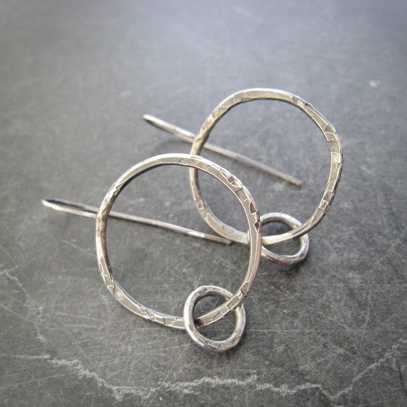 sterling hoops, edgy silver earrings, artisan earrings, hammered texture image 1