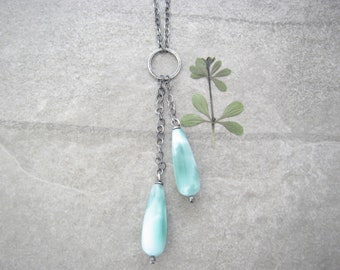 chalcedony and sterling silver boho necklace, green stone pendant, minimalist lariat style, Y necklace