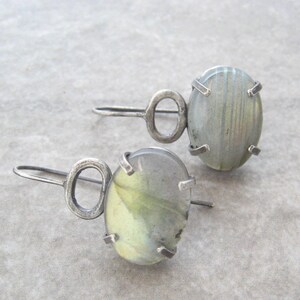 labradorite earrings, artisan jewelry, green stone earrings, oxidized silver, metalwork jewelry, prong set stones, oval stones, gift for her image 3