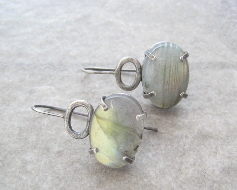 labradorite earrings, artisan jewelry, green stone earrings, oxidized silver, metalwork jewelry, prong set stones, oval stones, gift for her image 3